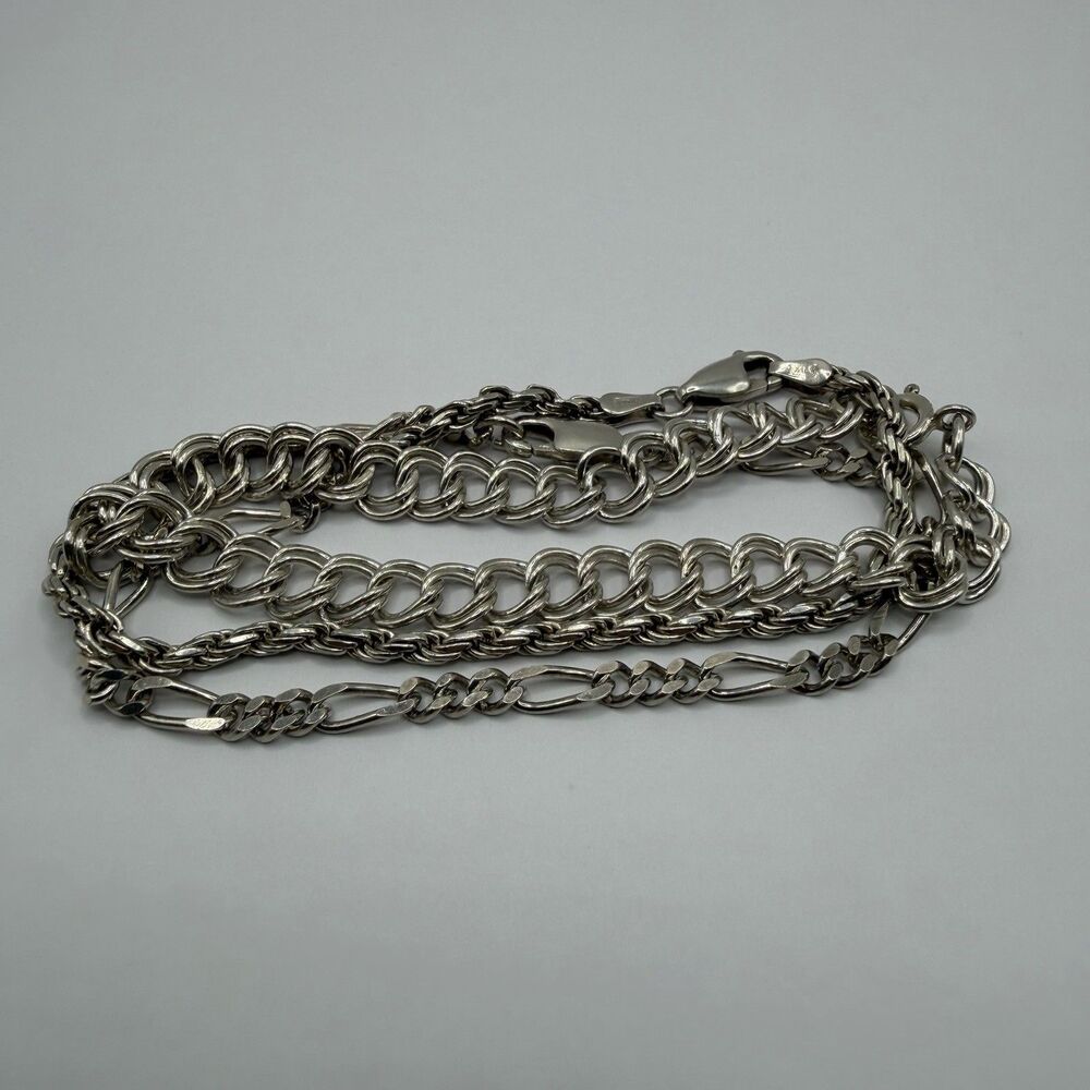 925 Sterling Silver 3 Bracelet Set Figaro Rope Chain Mixed Links 7" 17.2g